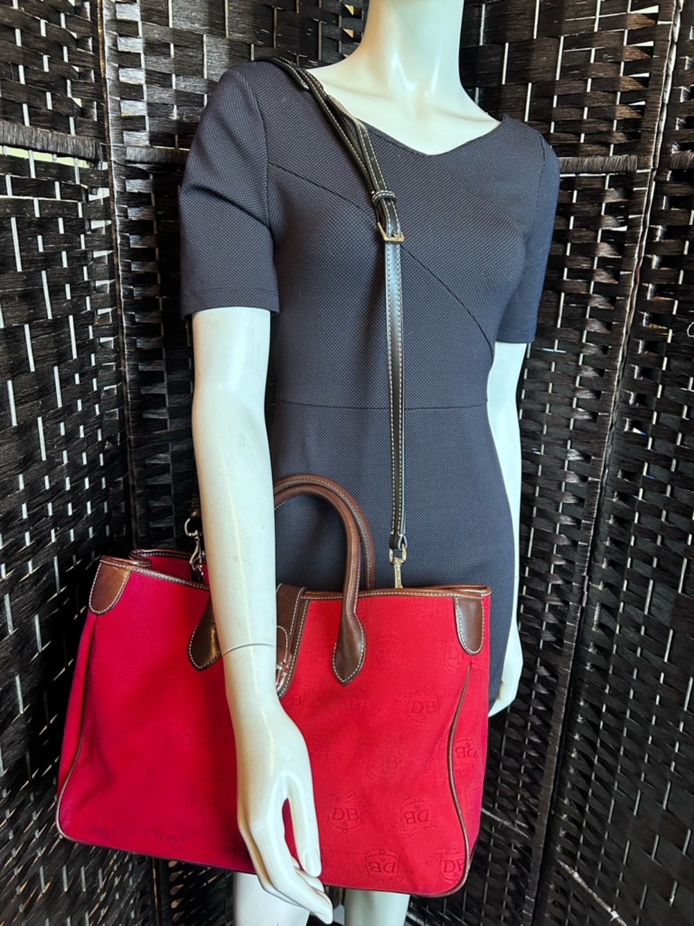 Dooney and Burke large red canvas tote with dark brown leather